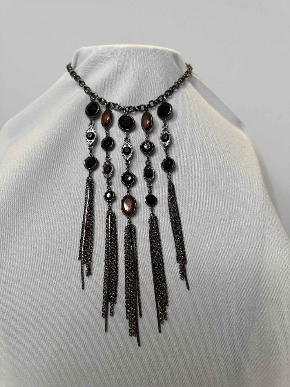 Gunmetal Fringe Statement Necklace with Black and Brown Stones